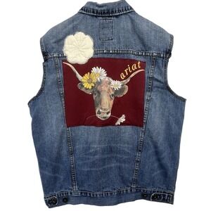 The Imperfect Artisan Denim Vest Womens L Blue Longhorn Graphic Upcycled
